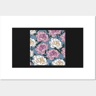 The white and pink peonies in a lovely pattern pale blue background Posters and Art